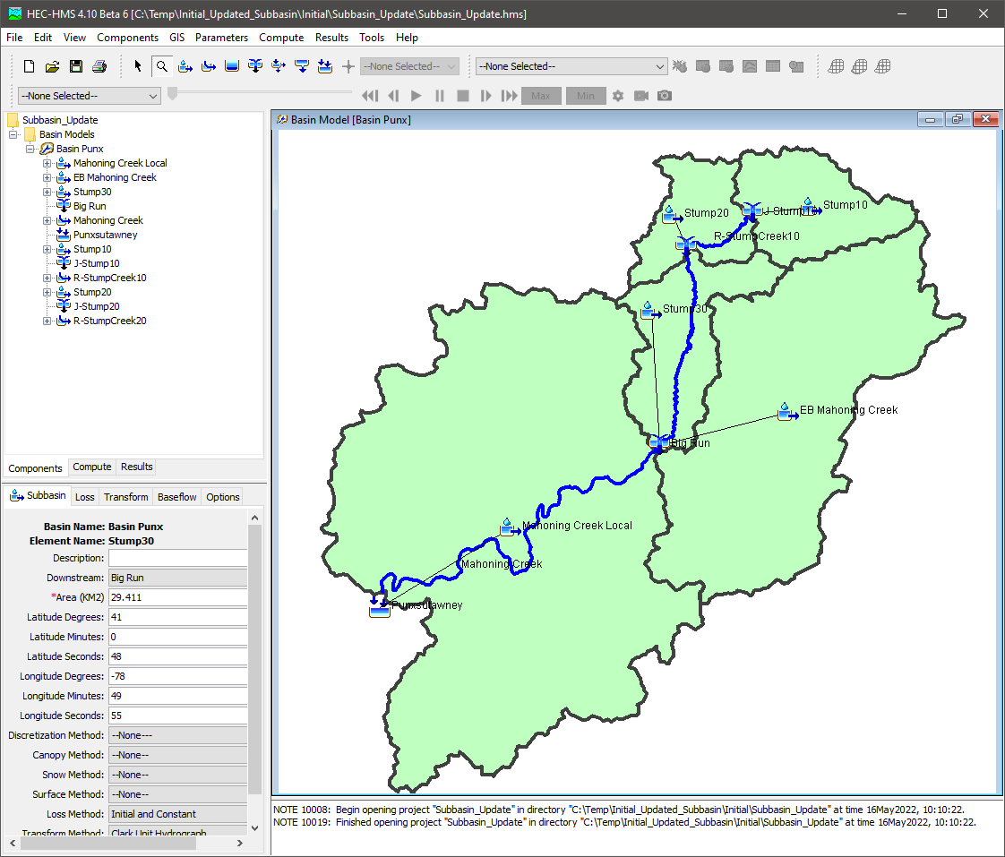 HEC-HMS Basin model with updated elements for Stump Creek subbasin