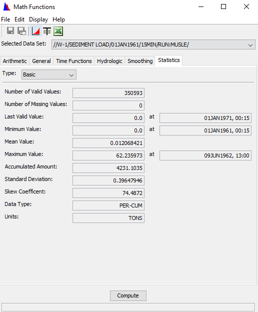 HEC-DSSVUE Statistics for MUSLE Run Sediment Load results