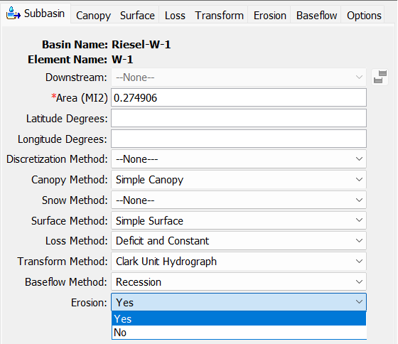 Subbasin Editor Panel Erosion options