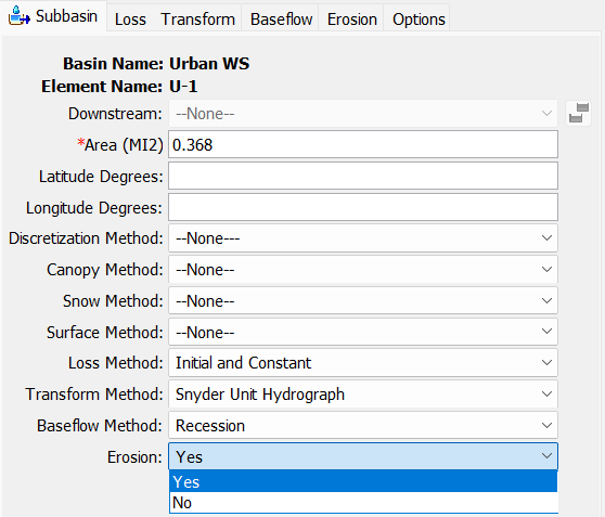 Subbasin Editor Panel Erosion selection