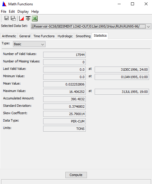 HEC-DSSVUE Sediment Load-Out Statistics for Reservoir SCS8