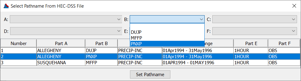 Selection DSS file pathname
