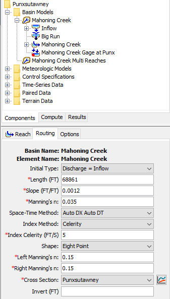 Figure 6.  Muskingum-Cunge Routing Component Editor