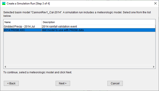 Figure 22. Selecting a Meteorologic Model