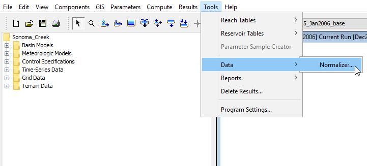 Selecting the Normalizer tool in the HEC-HMS interface