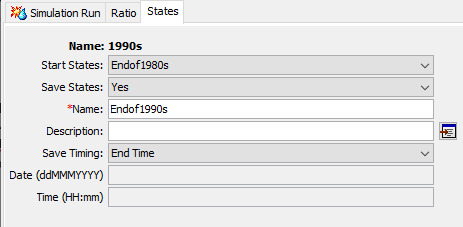 Component Editor showing the Endof1980s state is used to initialize states in the 1990s Simulation Run 