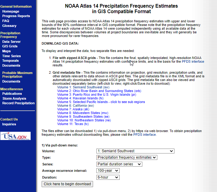 NOAA Atlas 14 website for downloading precipitation-frequency grids