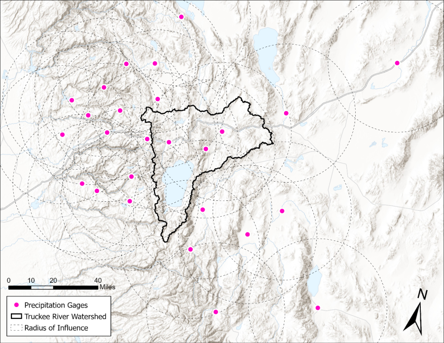 31-mile radius of influence of each precipitation gage in the Truckee River model