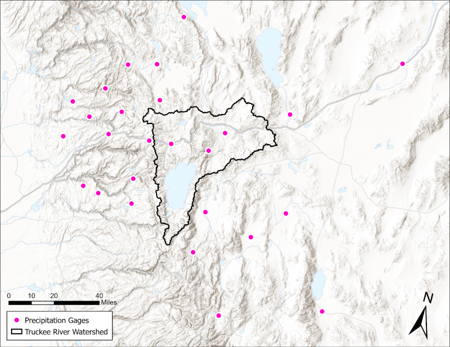 Locations of precipitation gages in the Truckee River model