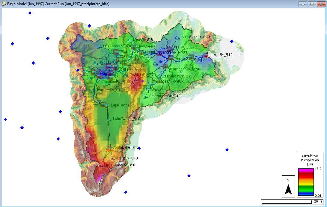 Cumulative precipitation when interpolating precipitation gages and using a bias grid