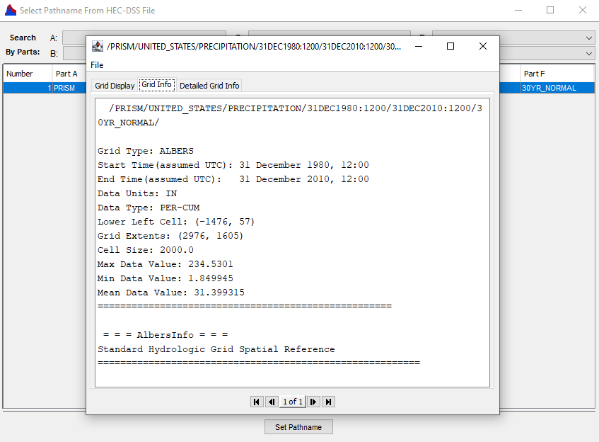 Viewing Grid Info for the PRISM_Precipitation_Normals grid in the DSS grid viewer