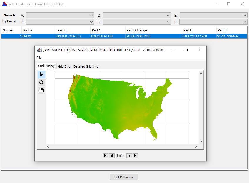 Viewing the PRISM_Precipitation_Normals grid data in the DSS grid viewer