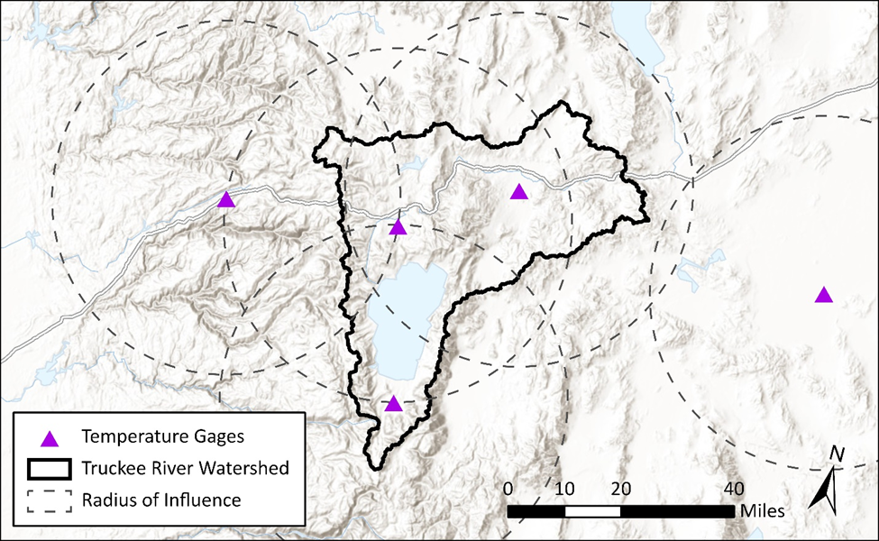 Radius of influence for each temperature gage