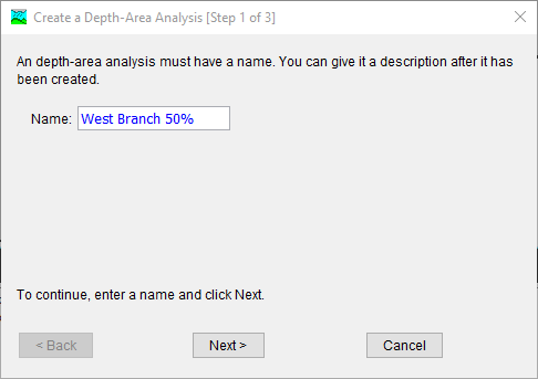 The first step of creating a new Depth-Area Analysis is to enter a name for the new analysis