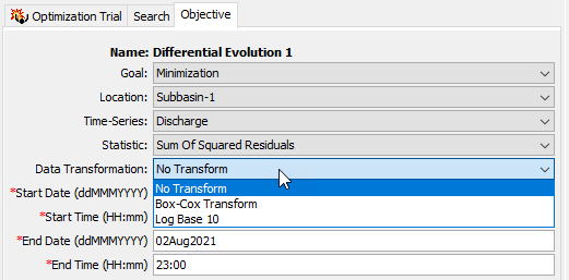 Setting the Data Transformation in the Objective tab