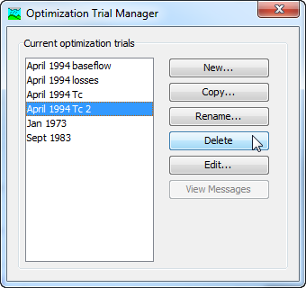 Preparing to delete an optimization trial from the Optimization Trial Manager