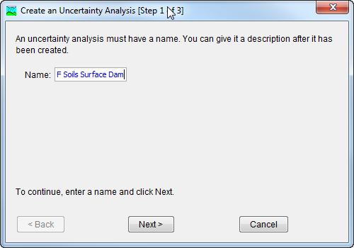 Entering a name for a new uncertainty analysis. The remaining steps are to select a basin model and a Meteorologic Model