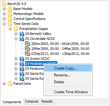 Creating a copy of a gage by selecting it in the Watershed Explorer and using the right-mouse menu