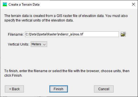 The second and final step of the Terrain Data Creation wizard