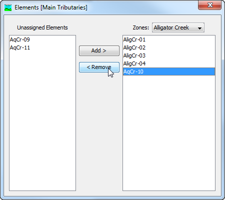 Elements are returned from the selected zone to the unassigned elements by pressing the Remove button