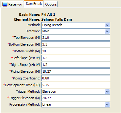 Dam Break editor with the Piping Breach Method selected