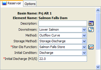 Reservoir component editor using the outflow curve routing method with a storage-discharge function