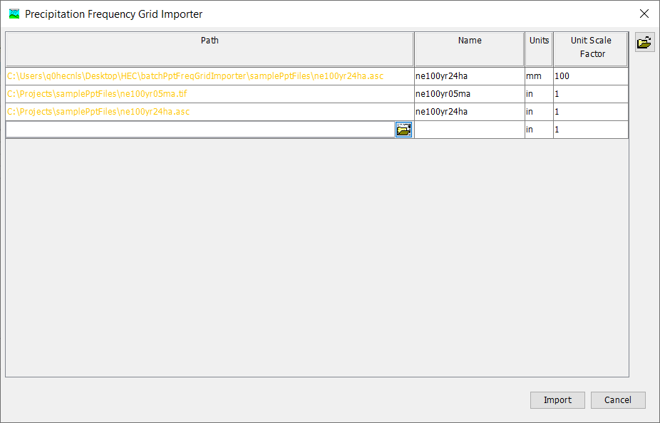 Precipitation Frequency Grid Importer dialog