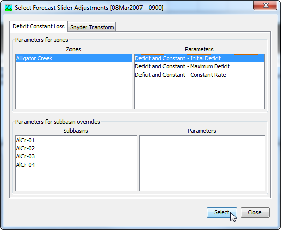 Selecting zone parameters for use as slider adjustments