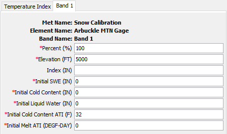 Specifying properties for a temperature index elevation band