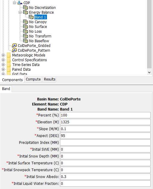 Specifying properties for a energy balance elevation band