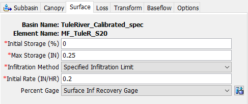 Dynamic Surface component editor with the Specified Infiltration Limit method selected