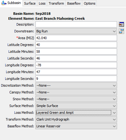 Selecting the Loss Rate Method in the Subbasin Component Editor