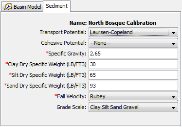 Selecting important Sediment Methods and entering parameter data that will be applied to all elements within the Basin Model