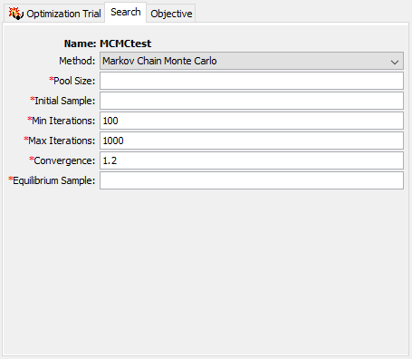 The Search tab of the Component Editor when using Markov Chain Monte Carlo