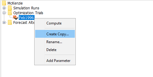 Copying an optimization trial from the Watershed Explorer