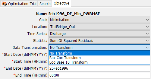 Setting the Data Transformation in the Objective tab