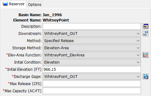 Reservoir Component Editor using the outflow curve routing method with a storage-discharge function