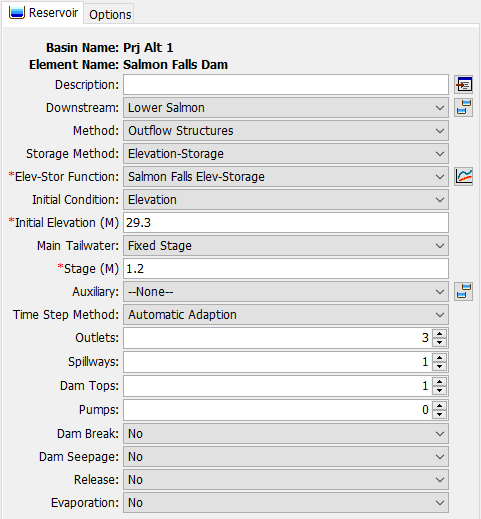 Reservoir Component Editor using the Outflow Structures Routing Method with three outlets, one spillway, and one dam top representing an emergency spillway