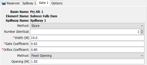 Sluice Gate Component Editor for spillways