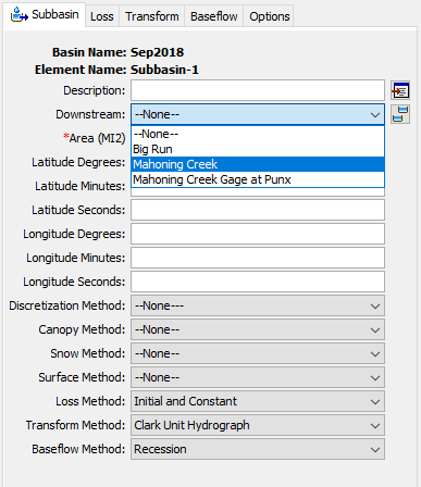 Selecting a downstream element using the subbasin component editor