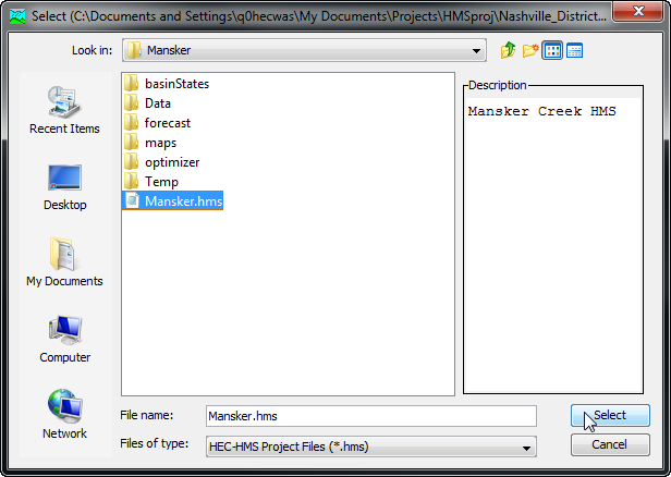 Selecting the source project to import a Simulation Run