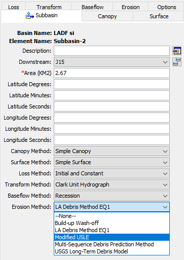 Selecting the Surface Erosion Method for a subbasin element