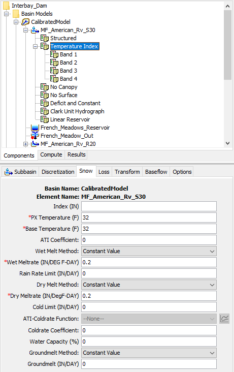 Temperature index snow parameters in the basin model