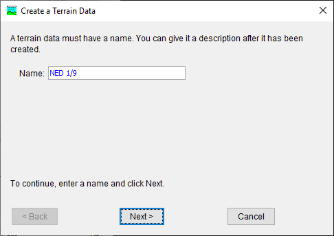 The first step of the Terrain Data Creation wizard