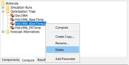 Deleting an optimization trial in the Watershed Explorer