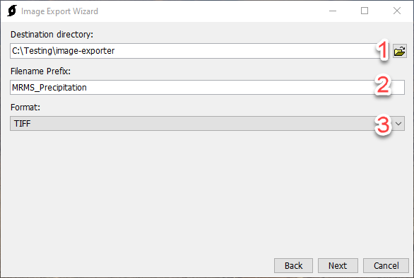 Selecting the destination directory, filename prefix, and image format.