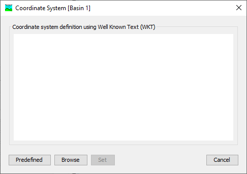 Basin model coordinate system selection dialog.