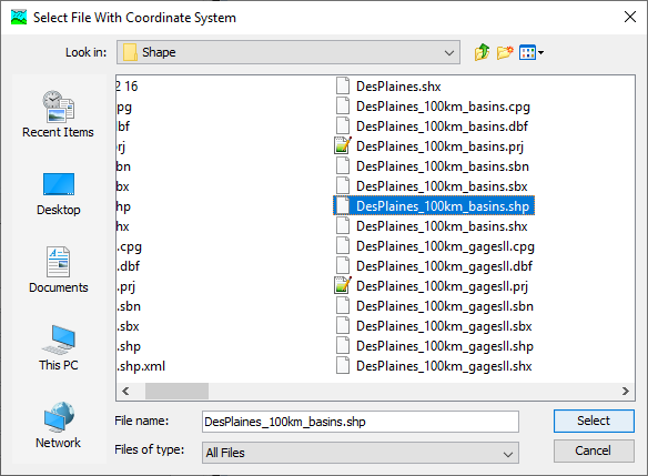 Browsing to a GIS data file that has a coordinate system specification.