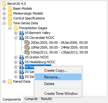 Renaming a gage by selecting it in the Watershed Explorer and then clicking again with the left mouse button to start editing in place