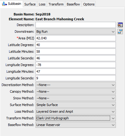 Selecting a Transform Method in the Subbasin Component Editor